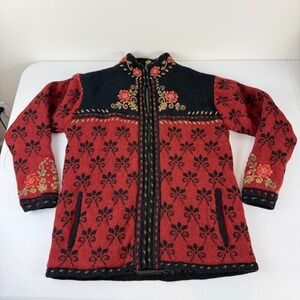 2000s Icelandic Design Women's M Red Black Wool Fair Isle Embroidered Jacket